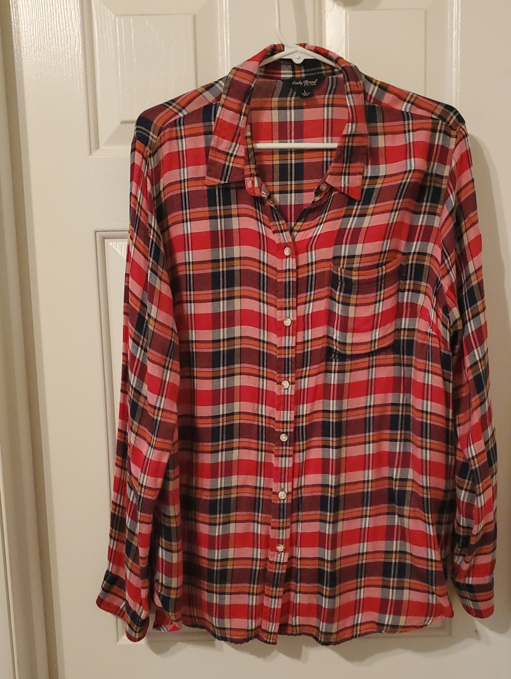 Lucky Brand Red Navy Tan Plaid Button-Up Shirt